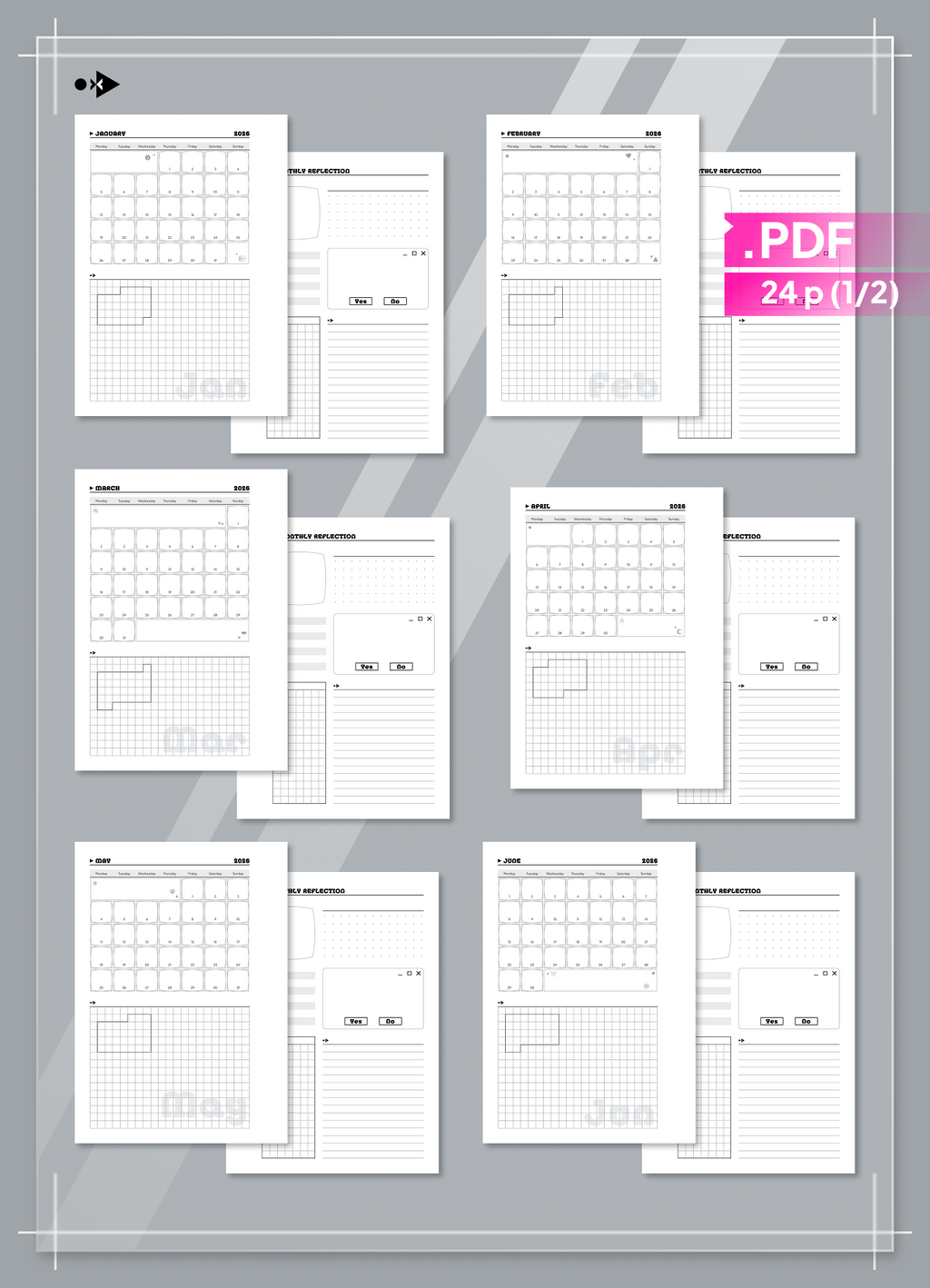 2026 Y2K Monthly Calendar and Monthly Reflection set