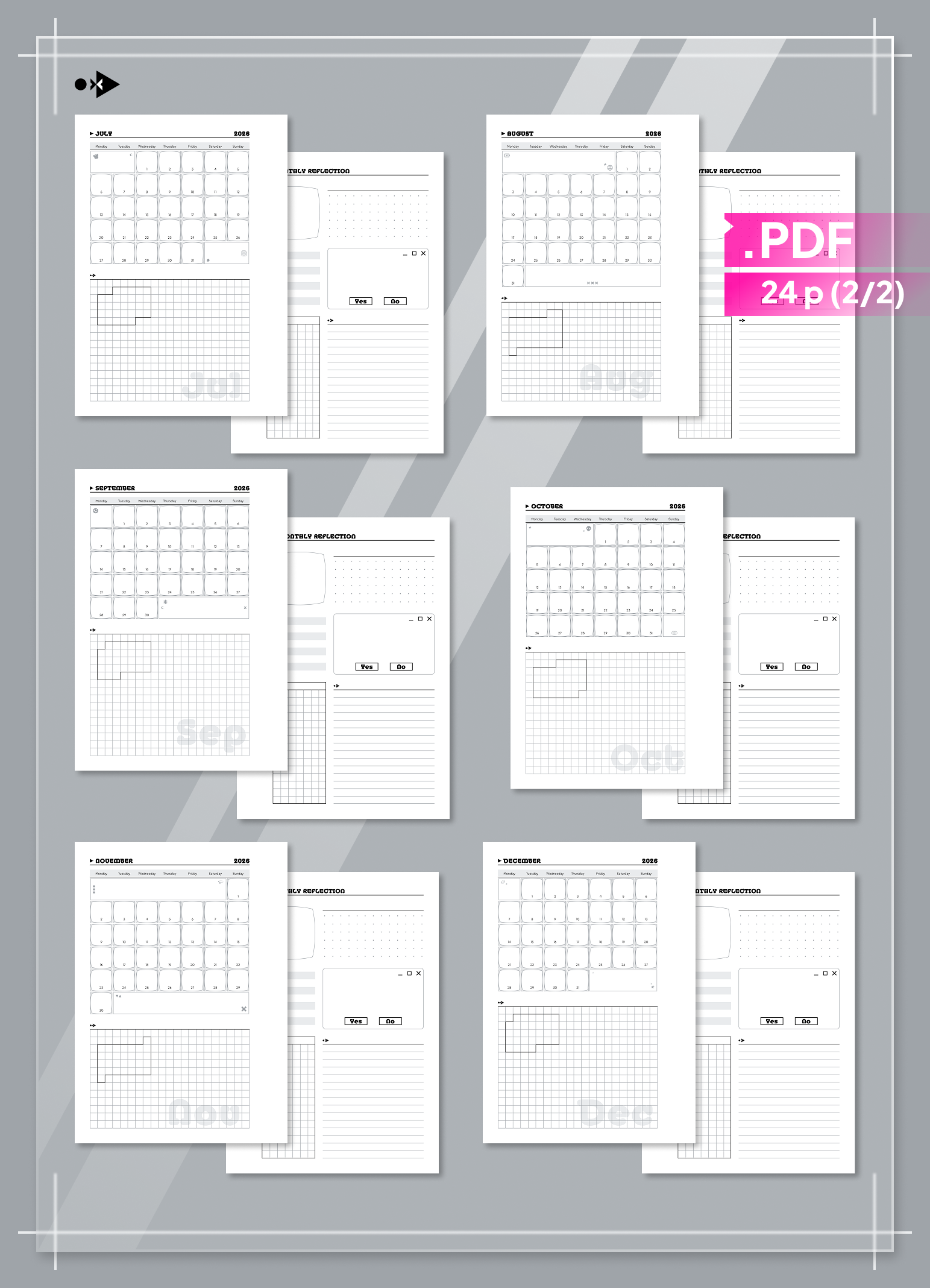 2026 Y2K Monthly Calendar and Monthly Reflection set