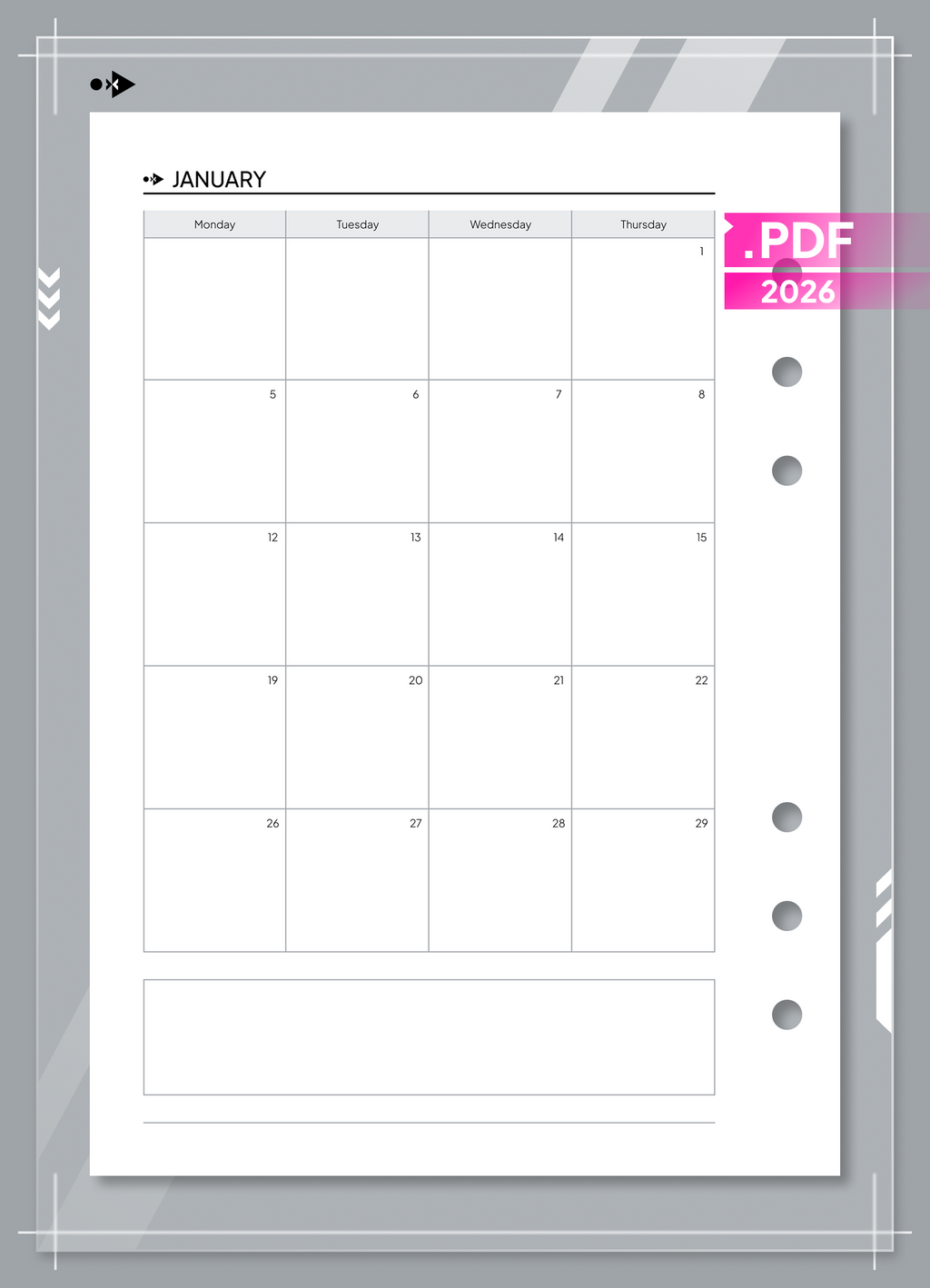 2026 Monthly Calendar, Month on Two Pages