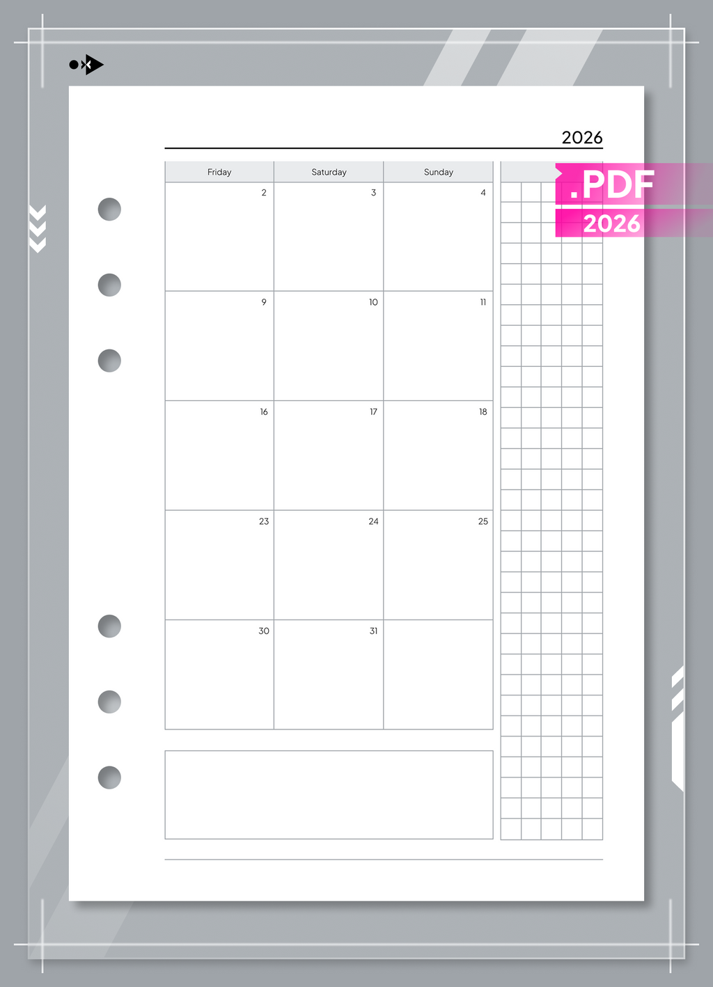 2026 Monthly Calendar, Month on Two Pages