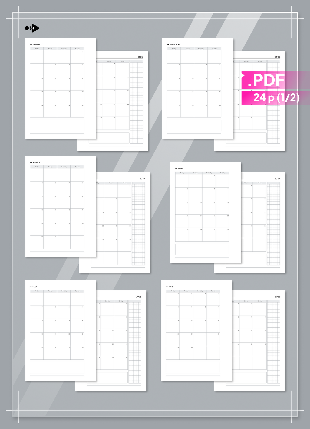 2026 Monthly Calendar, Month on Two Pages