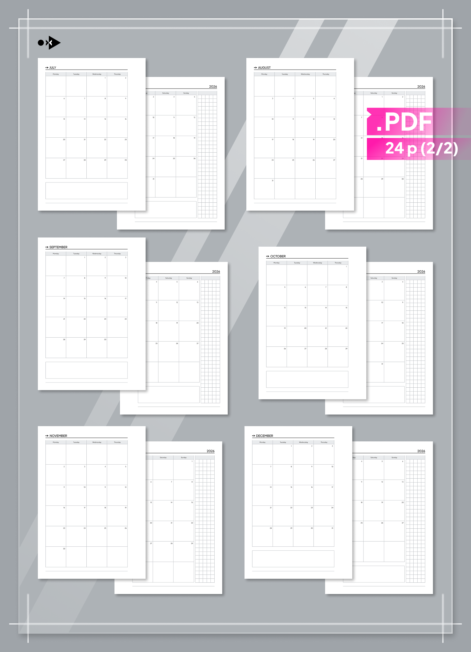 2026 Monthly Calendar, Month on Two Pages